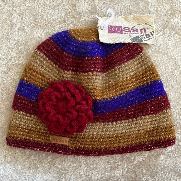 Brand New KuSan Accessories Wool Knit Beanie Hat Striped w/ Flower Handmade main image 4